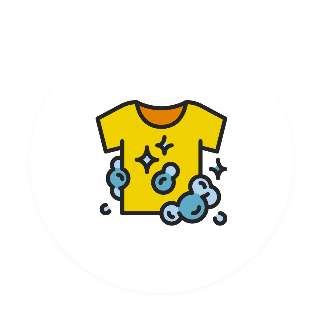 Symbol prania żółtej koszuli z niebieskimi bąbelkami wody w kole