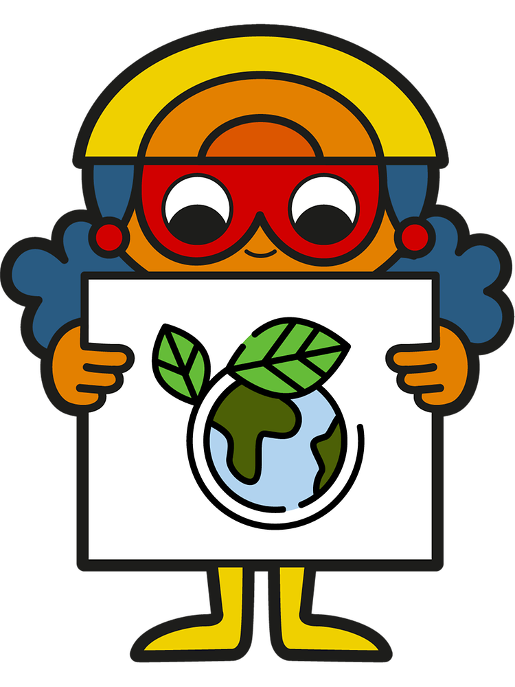 Forscherweltcharakter trägt Schild mit Nachhaltigkeitssymbol