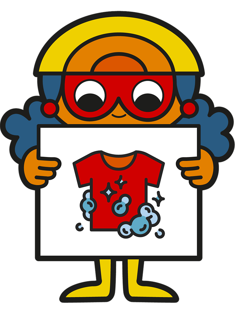 Graficzna postać dziewczyny trzymającej plakat z symbolem prania
