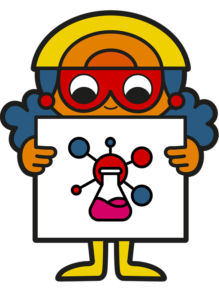 Kimya sembolü ile poster tutan grafik figür kız
