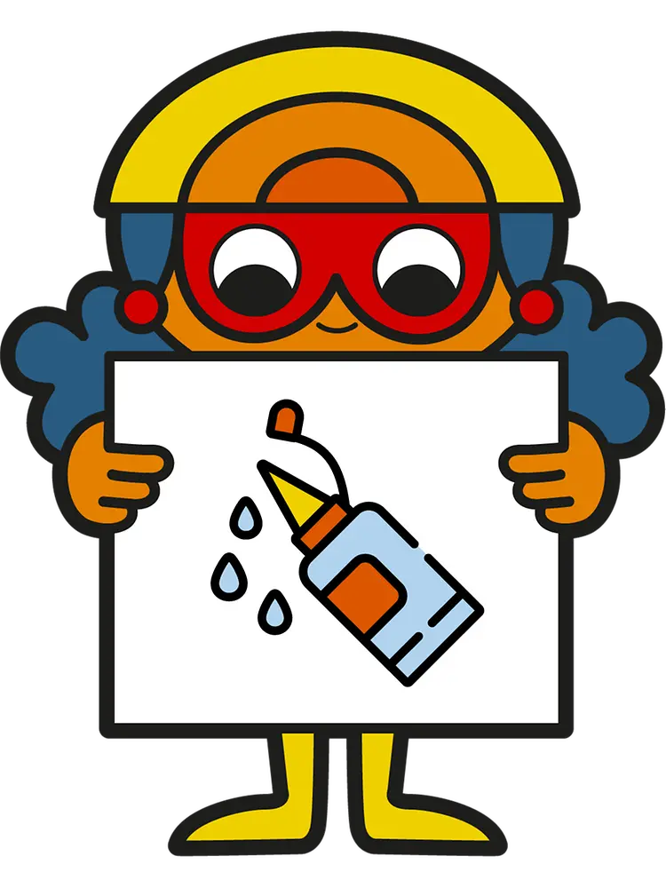 Chica de figura gráfica sosteniendo cartel con símbolo de botella de pegamento