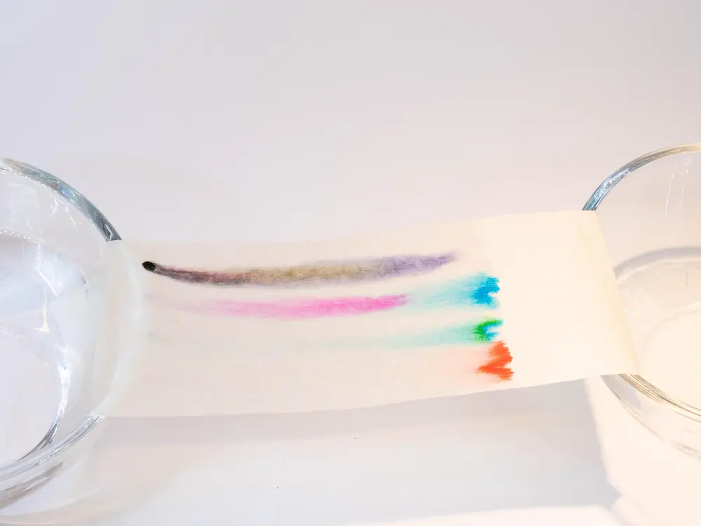 iki cam kase arasında uzanan renkli izleri gösteren kağıt şerit