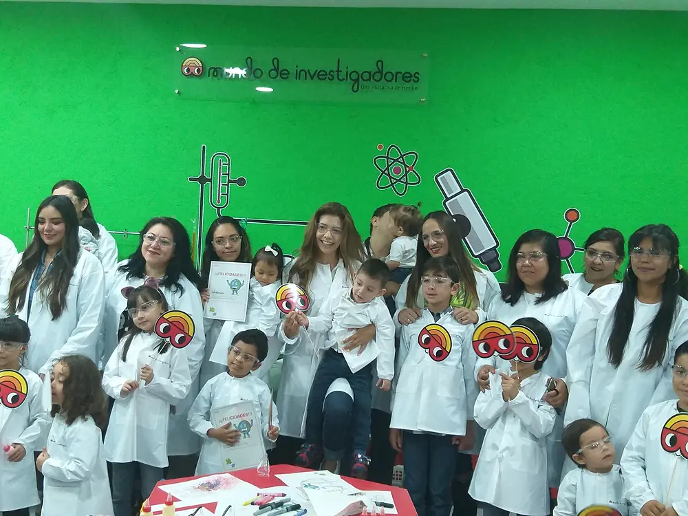 group picture with Mexican children in lab coats