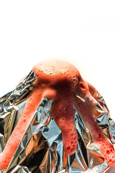 Cone of aluminum foil from the center of which sprouts red foam