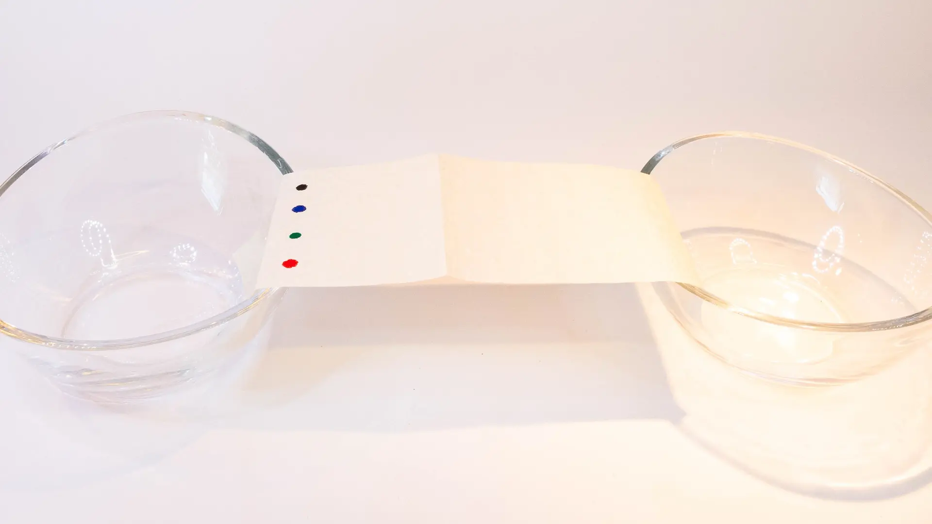 zwei mit Wasser gefüllte Glasschüsseln zwischen denen ein Papierstreifen ist