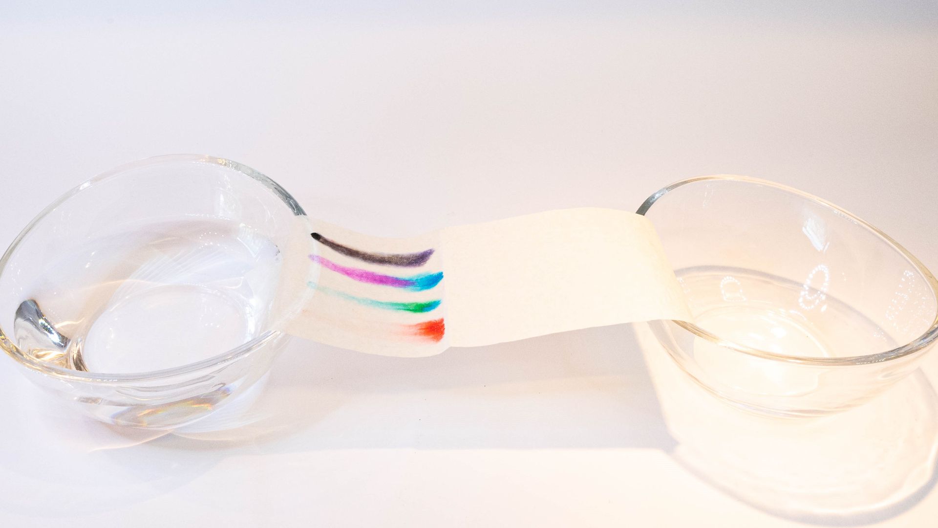 listra de papel mostrando traços coloridos em duas tigelas de vidro