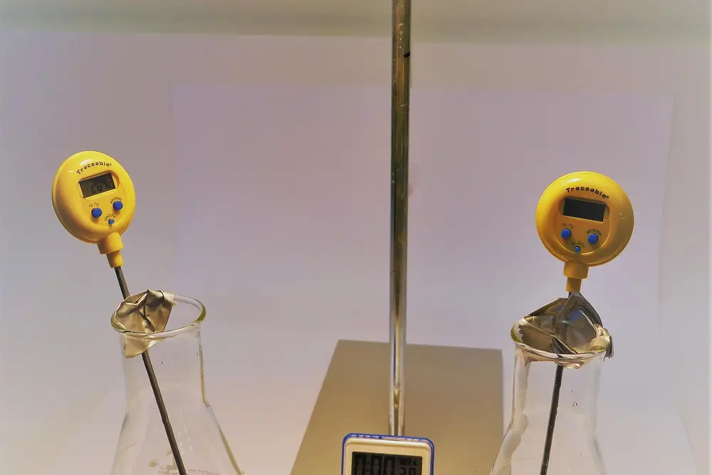 Zwei Erlenmeyerkolben mit Thermometern unter einer Lampe