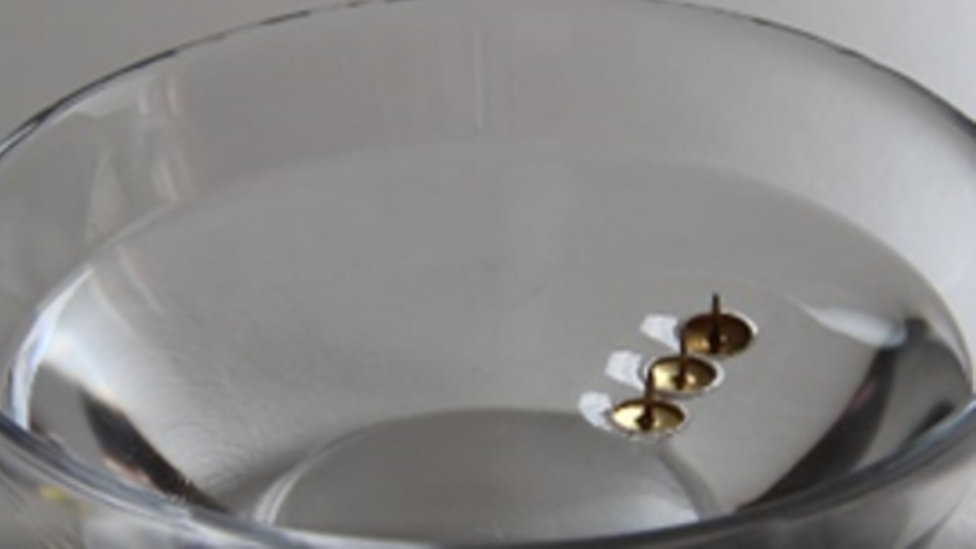 three thumbtacks floating on water in a bowl