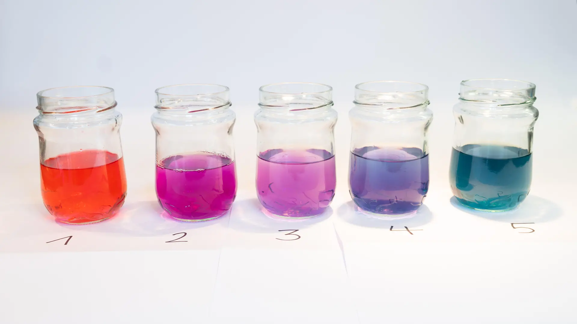 cinque vasetti di vetro con liquidi di diversi colori