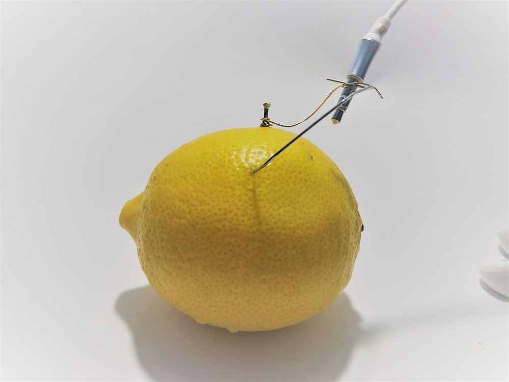close up of lemon with wire sticking in 