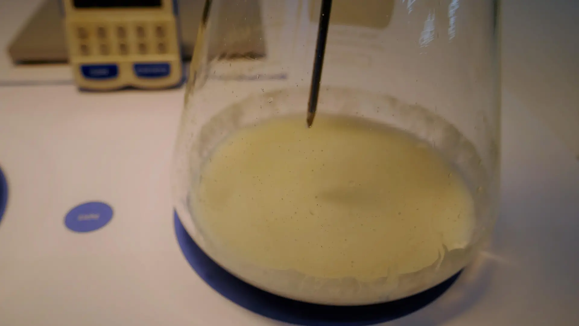primer plano del matraz Erlenmeyer con líquido espumoso en la parte inferior
