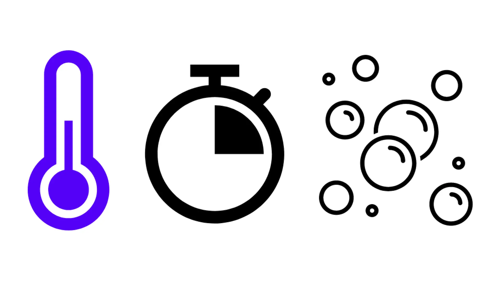 blue symbol for thermometer, clock symbol, quater of an hour, and symbol for foam