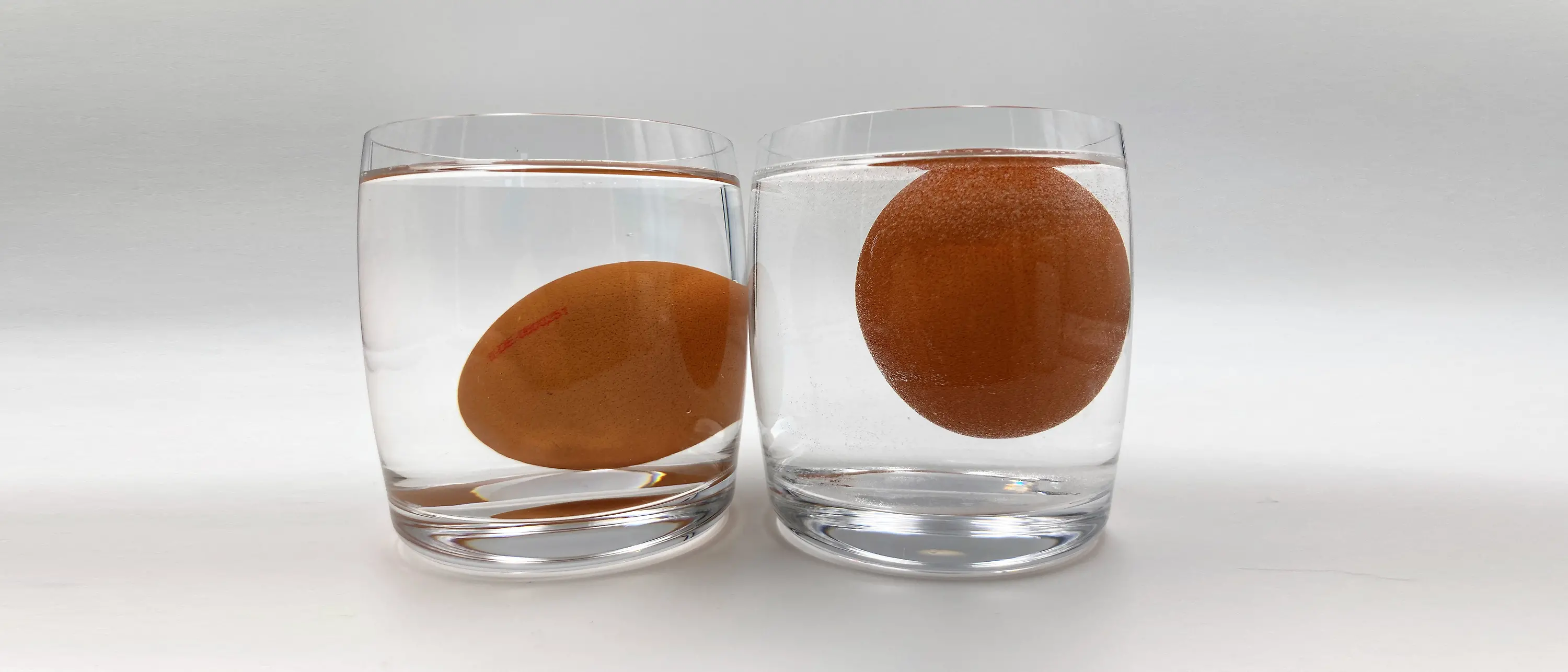Zwei wassergefüllte Gläser mit je einem Ei; ein Ei schwimmt oben