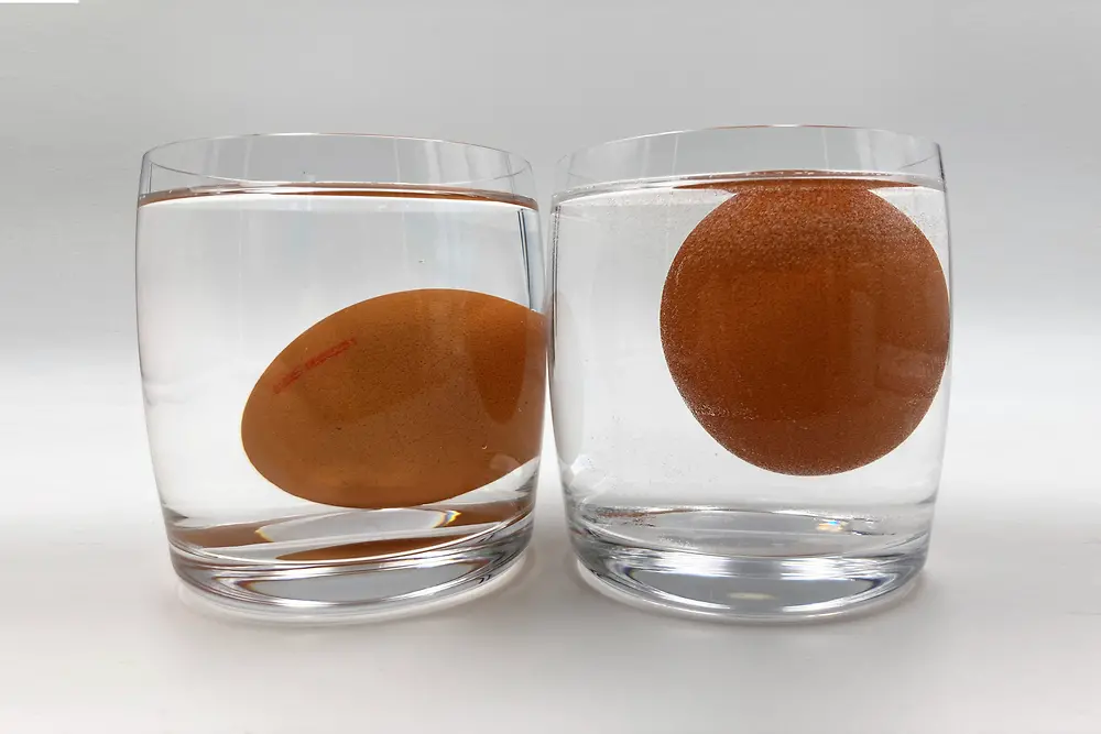 Zwei wassergefüllte Gläser mit je einem Ei; ein Ei schwimmt oben