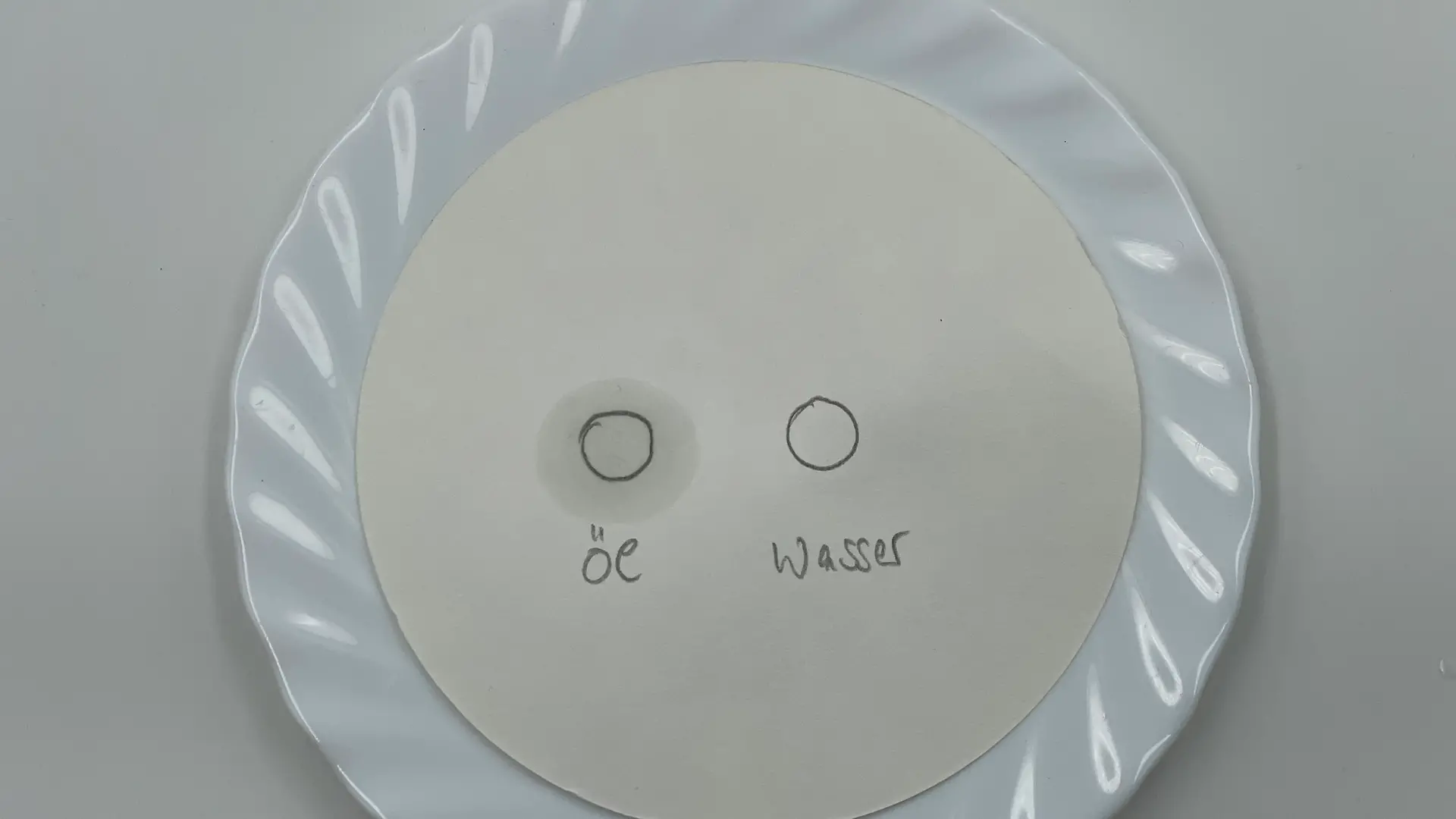 Weißer Teller mit rundem Filterpapier, zwei Bleistiftkreisen und einem sichtbaren Ölfleck links.