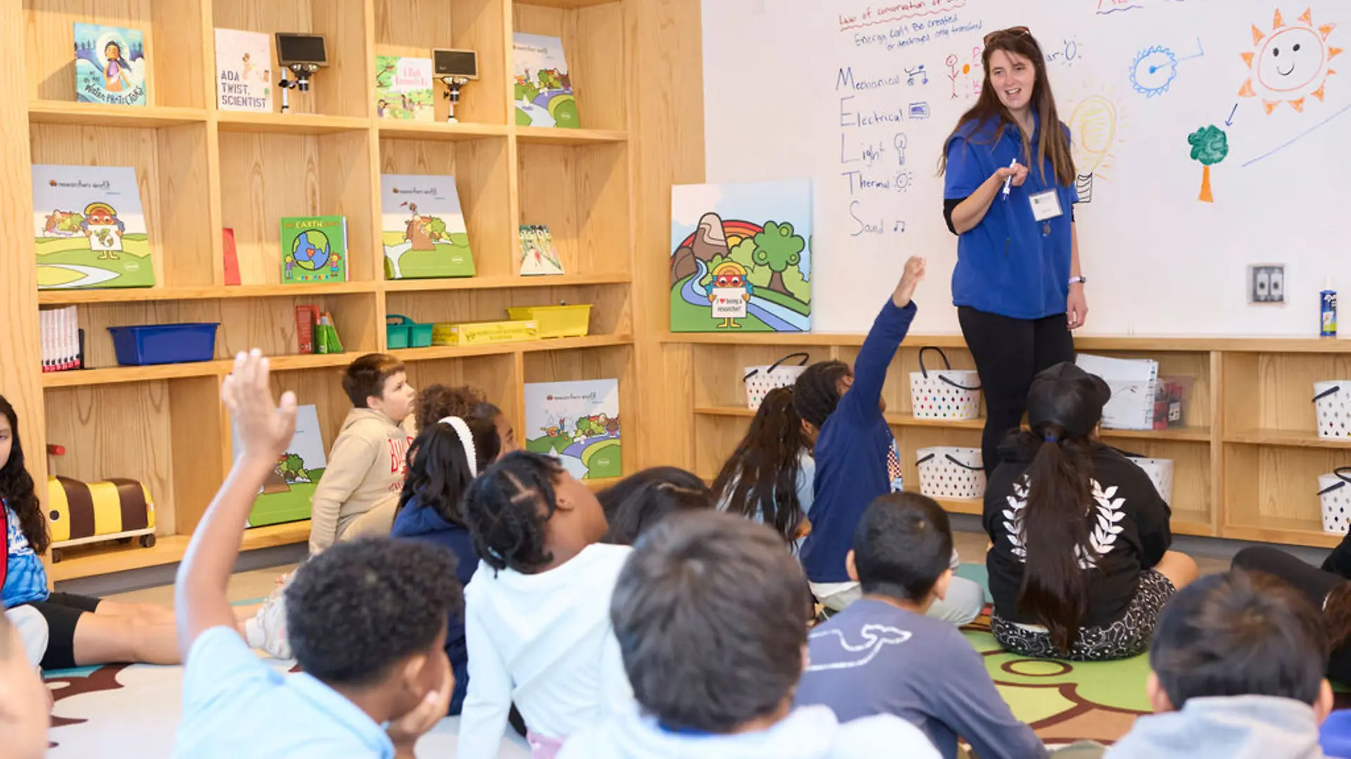 Students participant attentively as a Mill River Science volunteer leads an energy lesson.