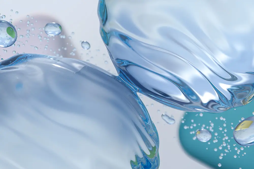 Ein Computer-generiertes Bild mit einer Nahaufnahme von bläulichen Wassertropfen