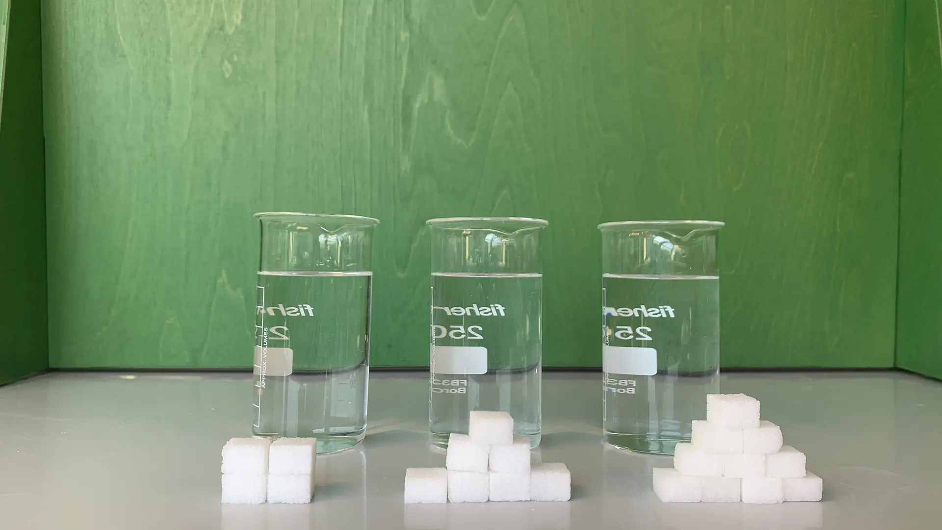 Drei Gläser mit Wasser; vor jedem Glas steht eine kleine Pyramide aus Zuckerwürfeln: Links 4 Würfel, in der Mitte 7 und rechts 10 Zuckerwürfel.